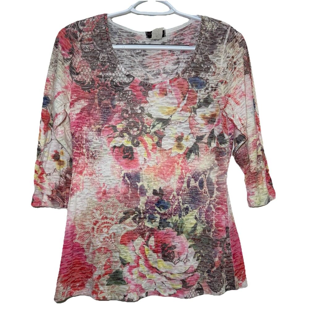 Cocomo Petite Floral Top 3/4 Sleeve Stretch Lightweight Boho Blouse Small